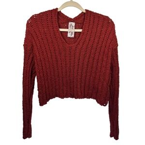 Crochet Knit Cropped Sweater‎ Long Sleeve V Neck Orange Rust S